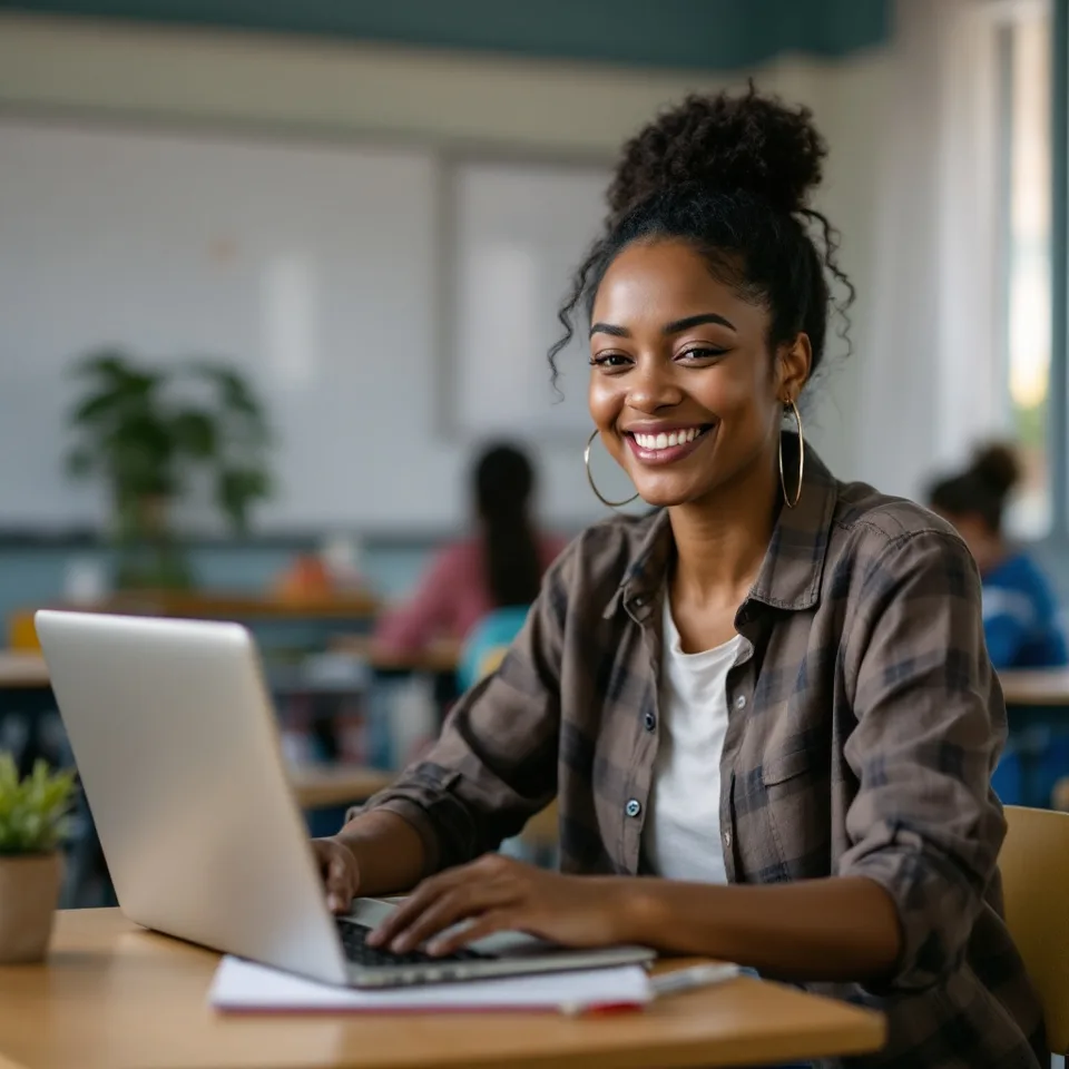 Teacher smiling while turning her worksheets into an assignment on a laptop at her classroom desk