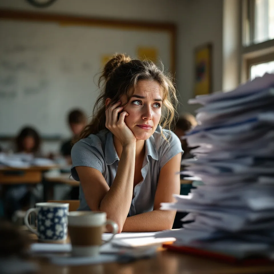 Tired teacher at a classroom desk, chin resting on her hand, beside a tall stack of paper worksheets to grade
