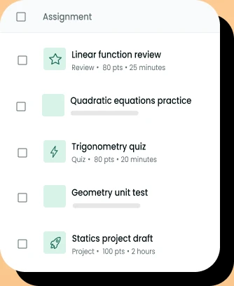 Checklist of assignments including a linear function review, quadratic equations practice, and a trigonometry quiz