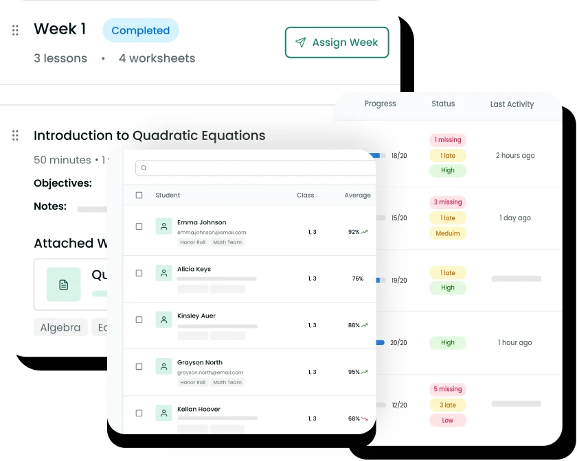 Worksheet Builder teacher dashboard showing a Week 1 planner, a lesson with attached worksheets, and a class roster with live progress and status