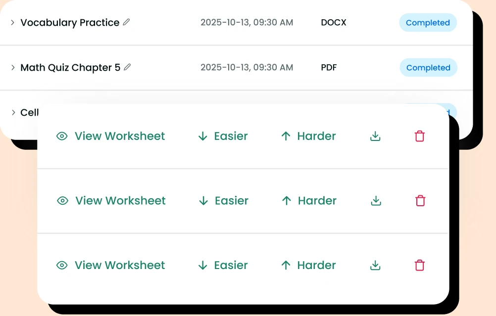 Worksheet difficulty panel with Easier and Harder controls for adapting a fractions worksheet