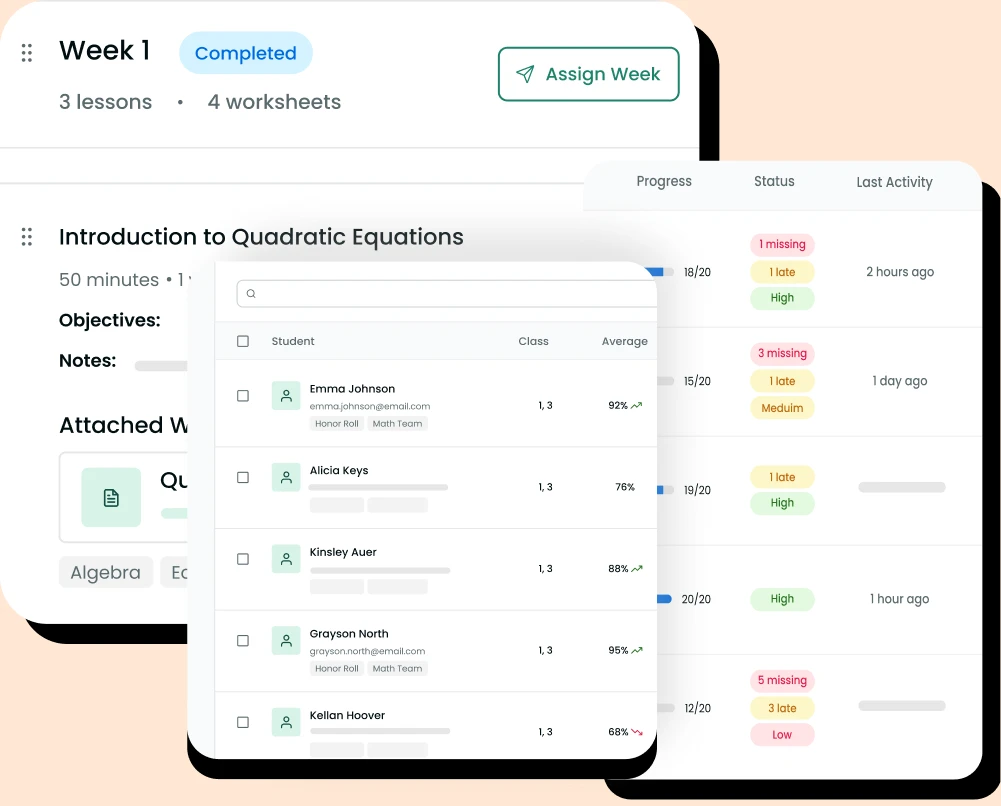 Worksheet Builder lesson-planning dashboard showing a completed Week 1 with lessons, worksheets, and student progress panels